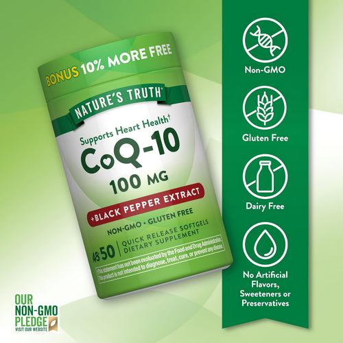 Co Q-10 bottle with icons indicating Non-GMO, Gluten Free, Dairy Free, and no artificial flavors or preservatives.