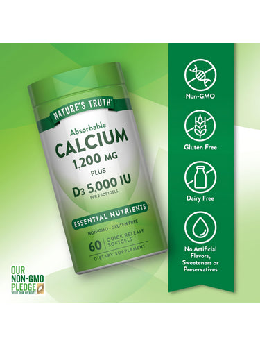 Calcium D3 bottle with icons indicating Non-GMO, Gluten Free, Dairy Free, No Artificial Flavors, Sweeteners, or Preservatives.
