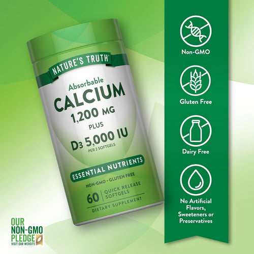 Calcium D3 bottle with icons indicating Non-GMO, Gluten Free, Dairy Free, No Artificial Flavors, Sweeteners, or Preservatives.