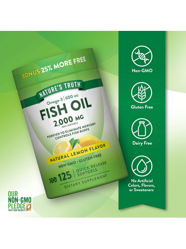 Lemon Fish Oil bottle with icons indicating it is Non-GMO, Gluten Free, Dairy Free, No Artificial Colors, Flavors, Sweeteners.