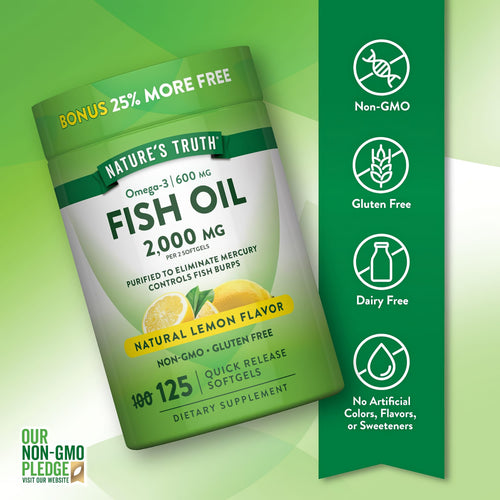 Lemon Fish Oil bottle with icons indicating it is Non-GMO, Gluten Free, Dairy Free, No Artificial Colors, Flavors, Sweeteners.