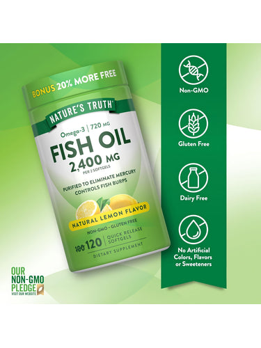 Nature's Truth Fish Oil 2,400 mg, Natural Lemon Flavor, Omega-3 720 mg, 120 Quick Release Softgels, Bonus 20% More Free.
