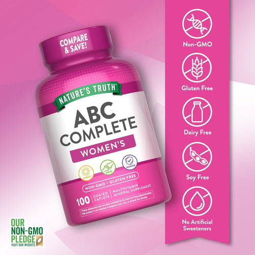Nature's Truth ABC Complete Women's Multivitamin Mineral Supplement with 100 coated caplets.