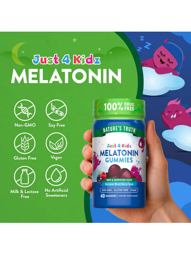 Just 4 Kidz Melatonin bottle with icons indicating Non-GMO, Soy Free, Gluten Free, Vegan, Milk & Lactose Free, No Artificial Sweeteners.