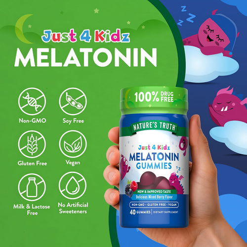 View 3 Just 4 Kidz Melatonin bottle with icons indicating Non-GMO, Soy Free, Gluten Free, Vegan, Milk & Lactose Free, No Artificial Sweeteners.