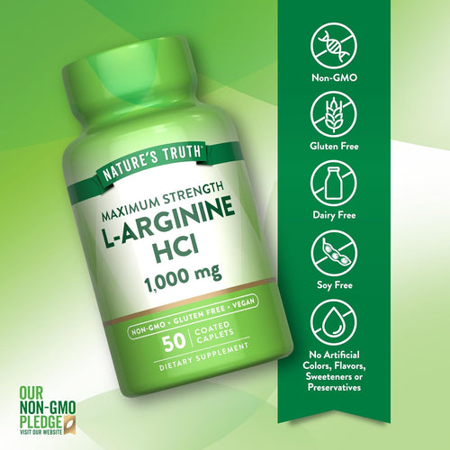 L-Arginine bottle: Non-GMO, Gluten Free, Dairy Free, Soy Free, with no artificial colors, flavors, sweeteners, or preservatives.