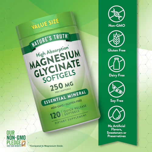 Magnesium Glycinate 250 mg per 2 Softgels, 120 Quick Release Softgels, Value Size. High Absorption. Essential Mineral.