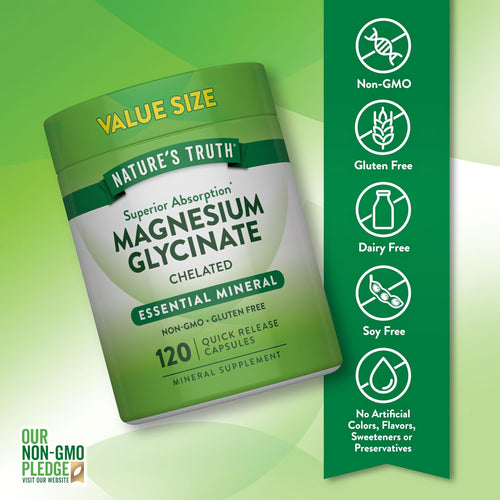 View 3 Bottle of Magnesium Glycinate: Non-GMO, Gluten Free, Dairy Free, Soy Free, No Artificial Colors, Flavors, Sweeteners, Preservatives.