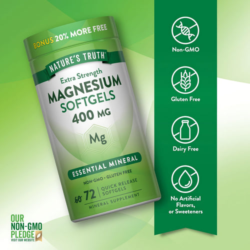 Magnesium Softgels bottle with icons indicating Non-GMO, Gluten Free, Dairy Free, No Artificial Flavors or Sweeteners.