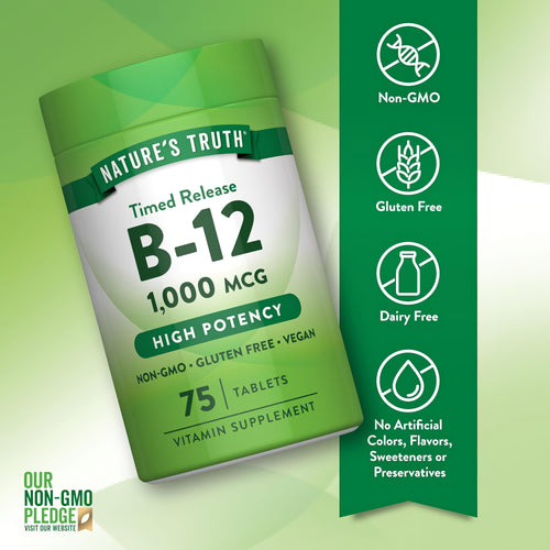 B-12 bottle: Non-GMO, Gluten Free, Dairy Free, without artificial colors, flavors, sweeteners, or preservatives.