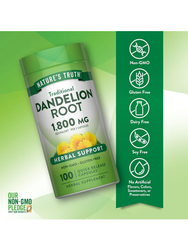 Dandelion Root bottle with icons indicating Non-GMO, Gluten Free, Dairy Free, Soy Free, No Artificial Flavors/Colors/Sweeteners/Preservatives.