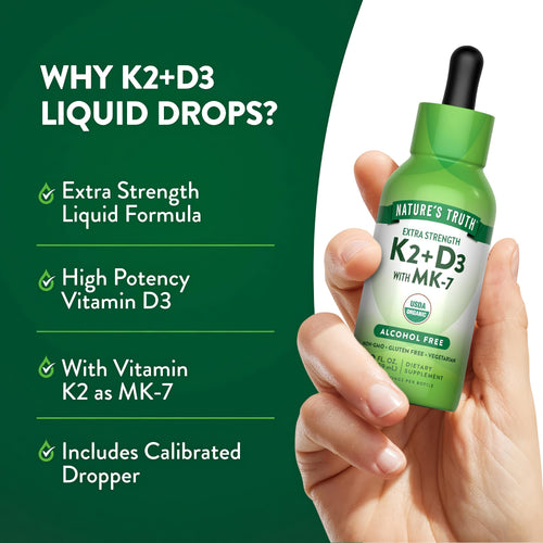 Product highlights graphic stating Extra Strength Liquid Formula, High Potency Vitamin D3, With Vitamin K2 as MK-7, Includes Calibrated Dropper.