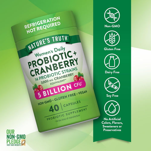 Women's Daily Probiotic + Cranberry, 40 capsules, 5 billion CFU, non-GMO, gluten free, vegan supplement.