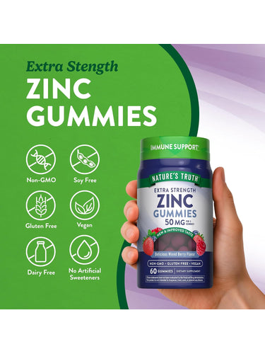 Zinc Gummies bottle with icons indicating: Non-GMO, Soy Free, Gluten Free, Vegan, Dairy Free, No Artificial Sweeteners.