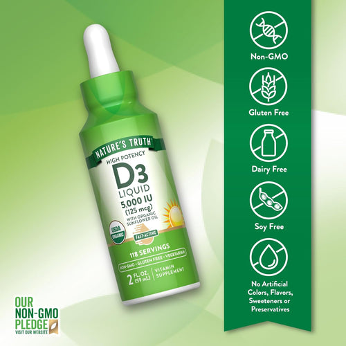 Bottle of NT D3 5000 IU (125 mcg) Liquid, 2 FL. OZ. (59 mL) with dropper.