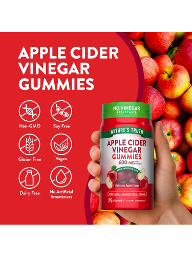 Apple Cider Vinegar Gummies, 600 mg per 3 gummies, 75 count, with a delicious apple flavor.