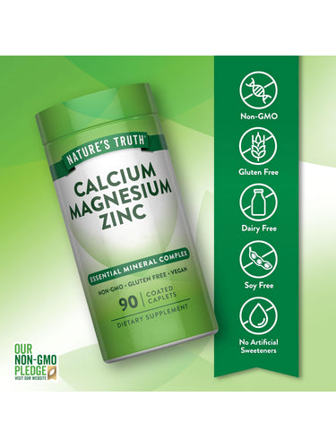 Calcium Magnesium Zinc bottle with icons indicating Non-GMO, Gluten Free, Vegan, Dairy Free, Soy Free, No Artificial Sweeteners.