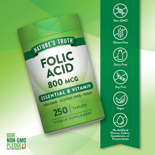 Folic Acid bottle with icons indicating Non-GMO, Gluten Free, Dairy Free, Soy Free, Vegan, No Artificial Flavors/Colors/Preservatives.