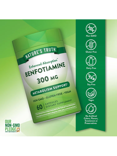 Benfotiamine bottle with icons indicating Non-GMO, Gluten Free, Dairy Free, Soy Free, Vegan, No Artificial Additives.