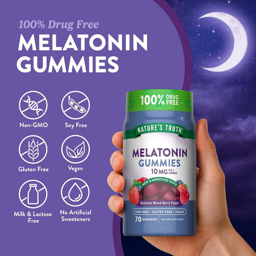 Melatonin Gummies bottle with icons indicating Non-GMO, Soy Free, Gluten Free, Vegan, Milk & Lactose Free, No Artificial Sweeteners.