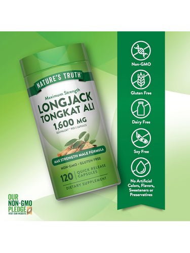 Longjack Tongkat Ali bottle with icons indicating non-GMO, gluten-free, dairy-free, soy-free, no artificial additives.