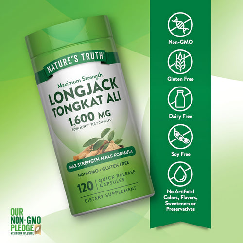 Longjack Tongkat Ali bottle with icons indicating non-GMO, gluten-free, dairy-free, soy-free, no artificial additives.