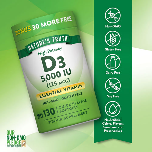 D3 bottle with icons indicating Non-GMO, Gluten Free, Dairy Free, Soy Free, No Artificial Colors, Flavors, Sweeteners or Preservatives.
