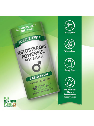 Testosterone Powerful Formula bottle with icons indicating Non-GMO, Gluten Free, Dairy Free, and No Artificial Additives.