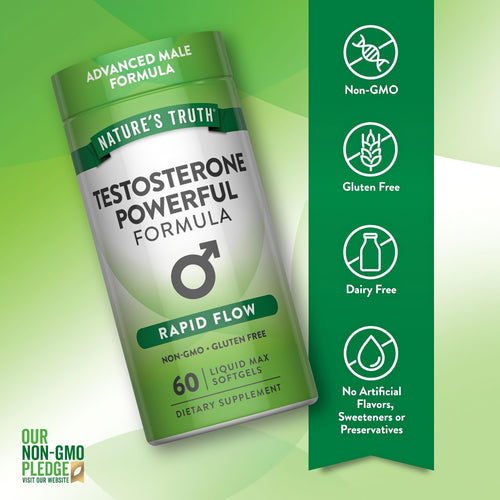 Testosterone Powerful Formula bottle with icons indicating Non-GMO, Gluten Free, Dairy Free, and No Artificial Additives.