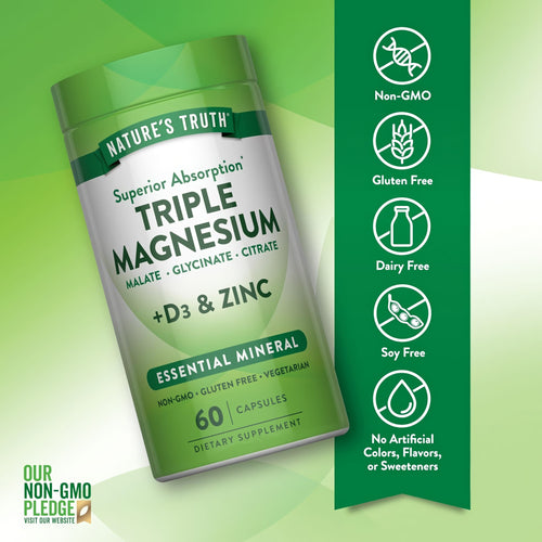 Triple Magnesium bottle: Non-GMO, Gluten Free, Dairy Free, Soy Free, and free of artificial colors, flavors, or sweeteners.