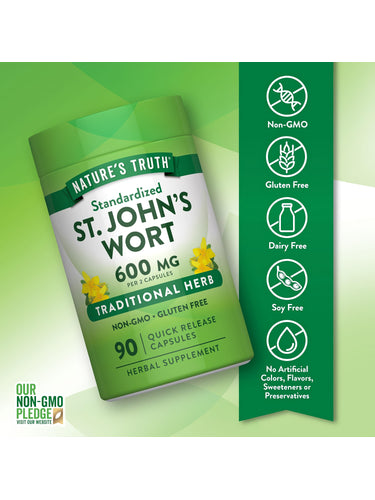St. John's Wort bottle with icons indicating Non-GMO, Gluten Free, Dairy Free, Soy Free, No Artificial Colors, Flavors, or Preservatives.