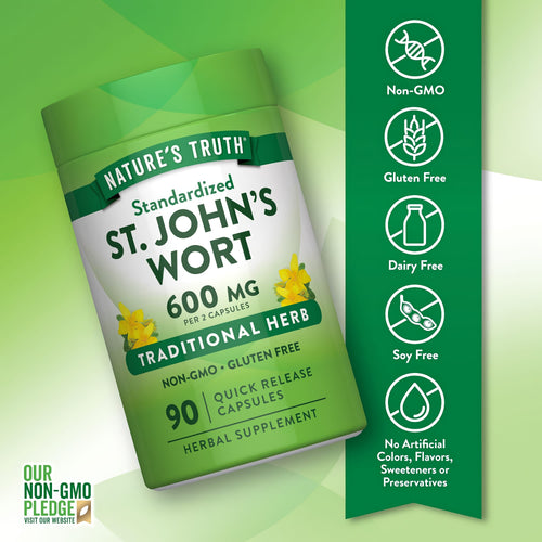 St. John's Wort bottle with icons indicating Non-GMO, Gluten Free, Dairy Free, Soy Free, No Artificial Colors, Flavors, or Preservatives.