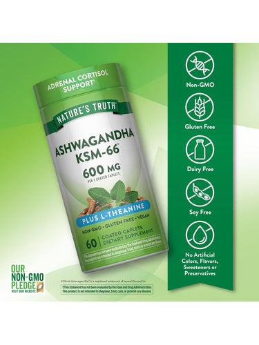 Ashwagandha KSM-66 bottle with icons indicating Non-GMO, Gluten Free, Dairy Free, Soy Free, and No Artificial Additives.