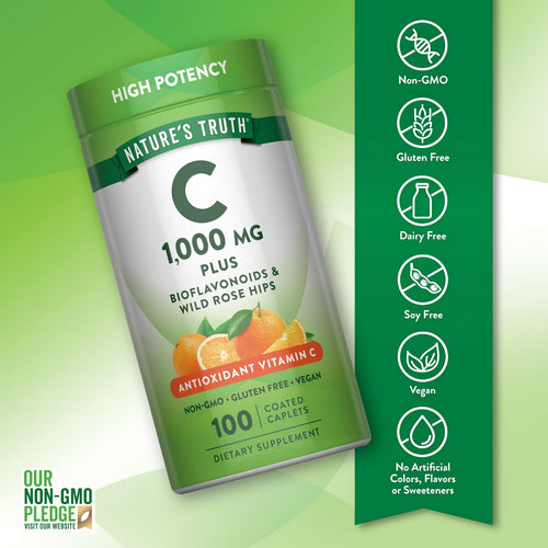 Vitamin C bottle with icons indicating Non-GMO, Gluten Free, Dairy Free, Soy Free, Vegan, and no artificial additives.