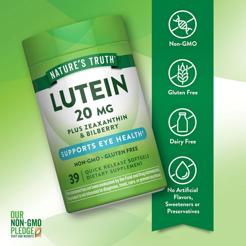 Lutein bottle with icons indicating Non-GMO, Gluten Free, Dairy Free, No Artificial Flavors, Sweeteners, or Preservatives.