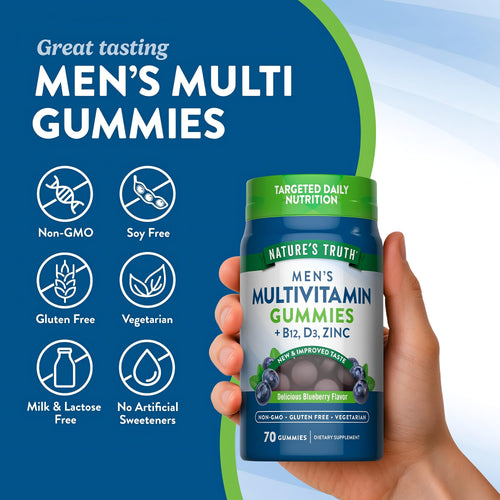 Men's Multi Gummies bottle with icons indicating Non-GMO, Soy Free, Gluten Free, Vegetarian, Milk & Lactose Free, No Artificial Sweeteners.