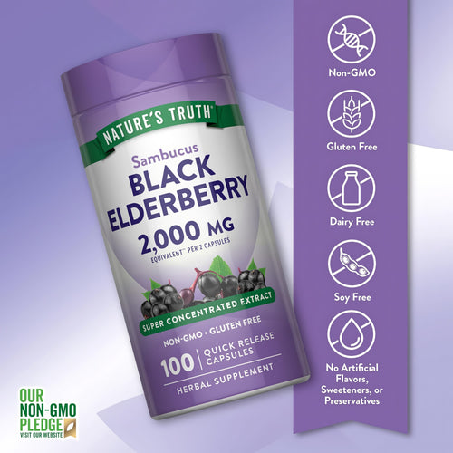 Elderberry bottle with icons indicating Non-GMO, Gluten Free, Dairy Free, Soy Free, No Artificial Flavors, Sweeteners, or Preservatives.
