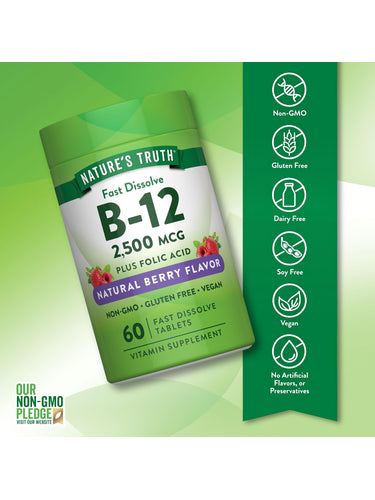 B-12 bottle with icons indicating Non-GMO, Gluten Free, Dairy Free, Soy Free, Vegan, No Artificial Flavors or Preservatives.