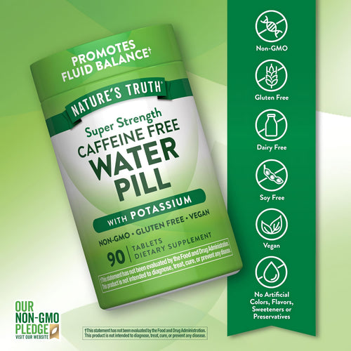Water Pill bottle with icons indicating Non-GMO, Gluten Free, Dairy Free, Soy Free, Vegan, No Artificial Colors, Flavors, Sweeteners, Preservatives.