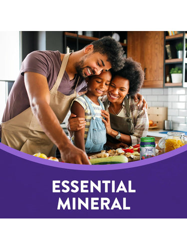 A family cooks together in the kitchen, with a bottle of Zinc Gummies visible on the counter.