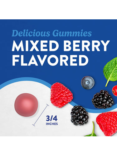 Delicious Mixed Berry flavored gummy, 3/4 inch, with raspberries, blueberries, blackberries, red currants, and mint.