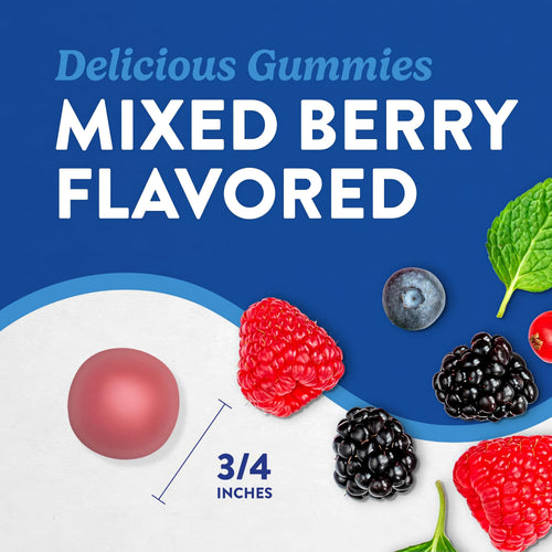View 4 Delicious Mixed Berry flavored gummy, 3/4 inch, with raspberries, blueberries, blackberries, red currants, and mint.