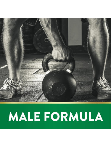 Adult male lifting a kettlebell, with the text 'MALE FORMULA' promoting Tongkat Ali supplement.