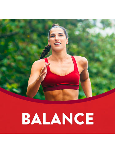 An adult woman runs outdoors with a graphic that reads 'BALANCE', featuring Apple Cider Vinegar Gummies.