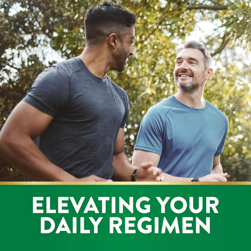 A younger man and an older man running outdoors, smiling at each other, with Berberine supplement.