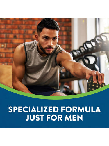 Young man stretching in a gym, featuring NT Mens Multi 70 Gummies for health.