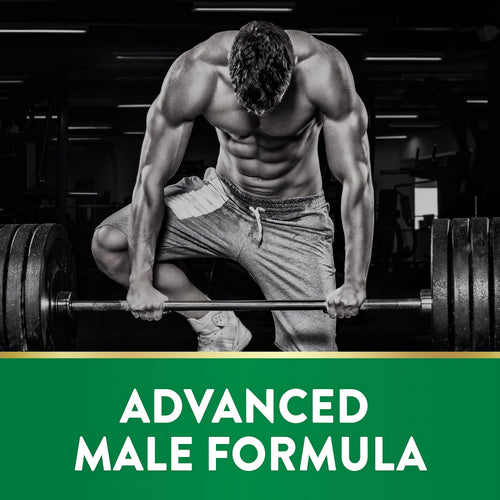 Muscular man lifts heavy barbell in gym with the text 'ADVANCED MALE FORMULA' prominently displayed.