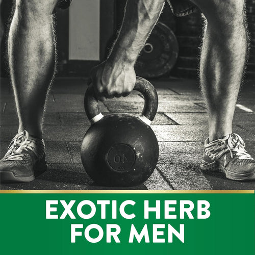 Man exercising with kettlebell, featuring green banner 'EXOTIC HERB FOR MEN'.
