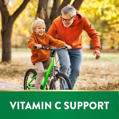 View 4 A young boy and older man help the boy ride a bicycle, with 'VITAMIN C SUPPORT' in the background.