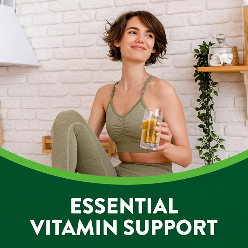 Young woman in athletic wear smiling, holding fruit-infused water, with 'ESSENTIAL VITAMIN SUPPORT' text.